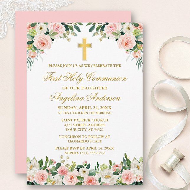 Watercolor Pink Roses White Floral Communion Gold Invitation (Customize to change text color, size, style or to change color of back of card.)