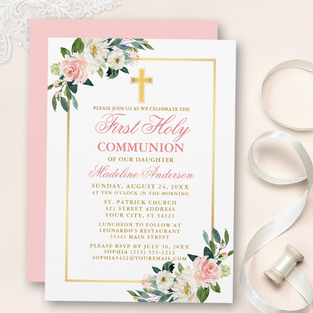 Watercolor Pink Roses White Floral First Communion Invitation (Customize to change text color, text style or color of back of card.)