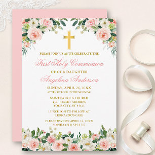 Watercolor Pink Roses White Floral Gold Communion Invitation