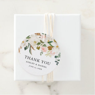 Watercolor Pink Roses White Magnolias Wedding Favour Tags