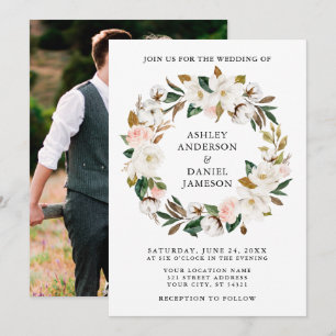 Watercolor Pink Roses White Magnolias Wreath Photo Invitation
