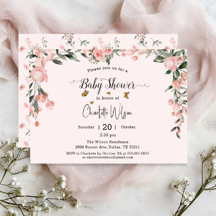 Watercolor Pink Roses with Butterflies Baby Shower Invitation