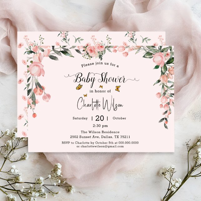 Watercolor Pink Roses with Butterflies Baby Shower Invitation (Creator Uploaded)