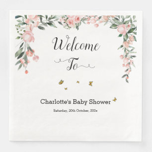 Watercolor Pink Roses with Butterflies Baby Shower Napkin