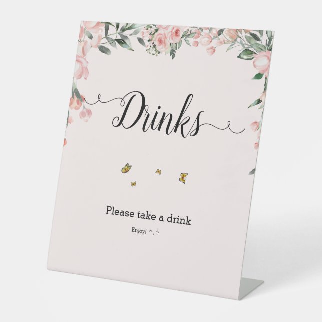 Watercolor Pink Roses with Butterflies Drinks Pedestal Sign (Front)