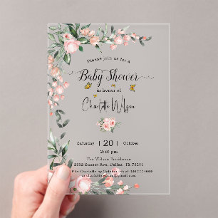 Watercolor Pink Roses with Butterfly Baby Shower Acrylic Invitations