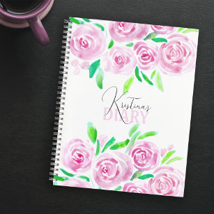 Watercolor Pink Roses with Lush Green Leaves Diary Notebook