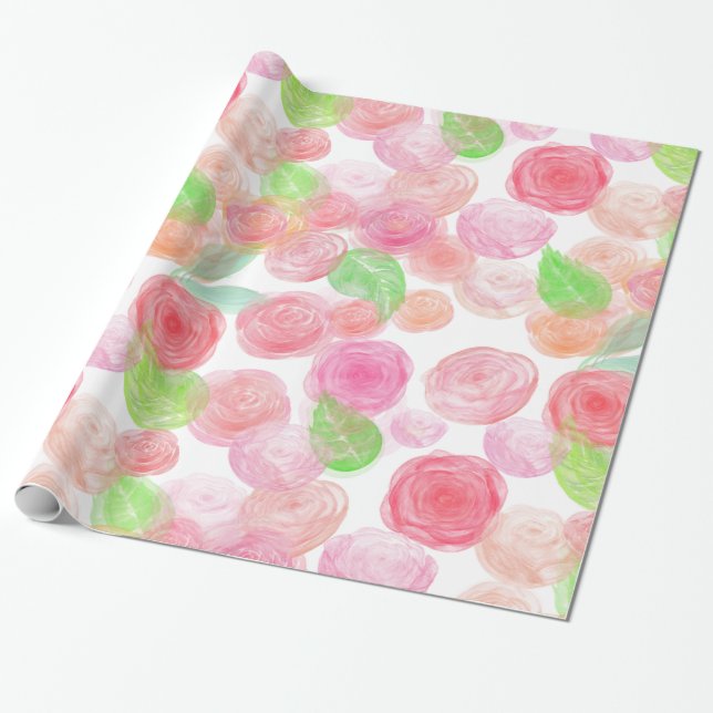 Watercolor Pink Roses Wrapping Paper (Unrolled)