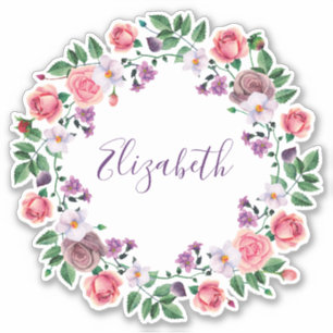 Watercolor pink roses wreath. Purple floral name