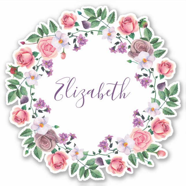 Watercolor pink roses wreath. Purple floral name (Front)