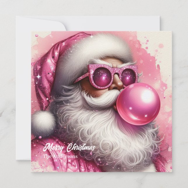 Watercolor pink Santa blowing pink bubble gum Holiday Card (Front)