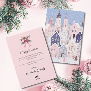 Watercolor Pink Script Village Non Photo Christmas Holiday Card