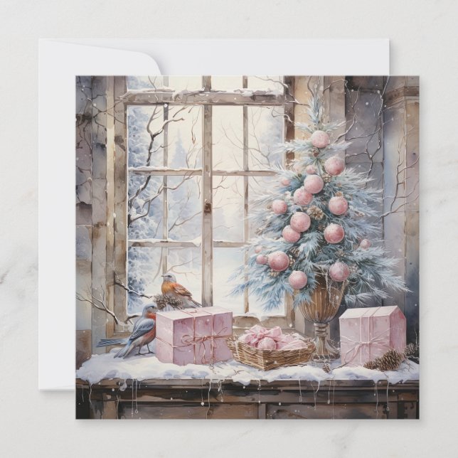 Watercolor Pink Shabby Chic Christmas Card (Front)