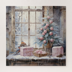 Watercolor Pink Shabby Chic Christmas Puzzle