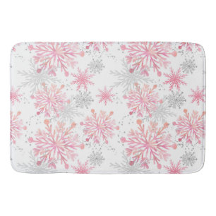 Watercolor Pink & Silver Glitter Winter Snowflakes Bath Mat