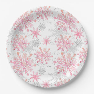 Watercolor Pink & Silver Glitter Winter Snowflakes Paper Plate