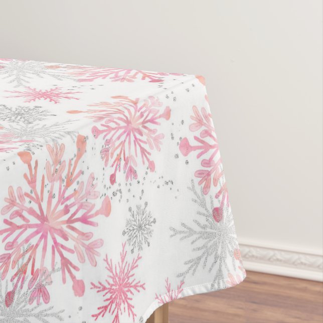 Watercolor Pink & Silver Glitter Winter Snowflakes Tablecloth (In Situ)