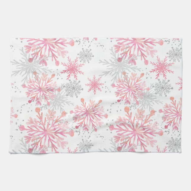 Watercolor Pink & Silver Glitter Winter Snowflakes Tea Towel (Horizontal)