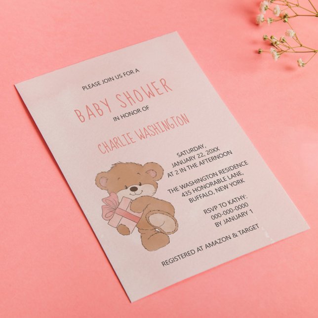Watercolor Pink Simple Teddy Bear Baby Shower Invitation (Creator Uploaded)