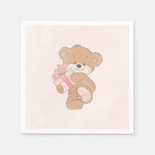 Watercolor Pink Simple Teddy Bear Baby Shower Napkin