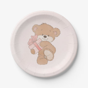Watercolor Pink Simple Teddy Bear Baby Shower Paper Plate