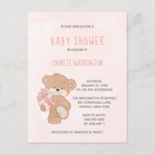 Watercolor Pink Simple Teddy Bear Baby Shower Postcard