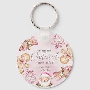 watercolor Pink snow 1st birthday Christmas Key Ring