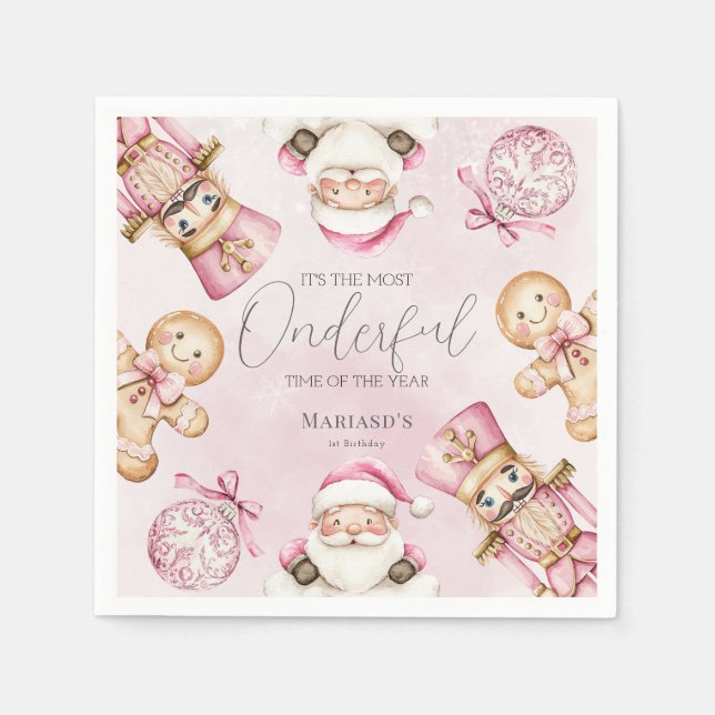 watercolor Pink snow 1st birthday Christmas  Napkin (Front)