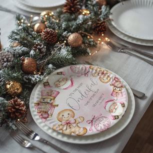 watercolor Pink snow 1st birthday Christmas  Paper Plate