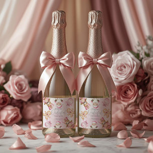 watercolor Pink snow 1st birthday Christmas  Sparkling Wine Label