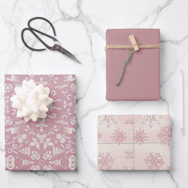 Watercolor Pink Snowflake Reindeer Tree Christmas  Wrapping Paper Sheet (Front)