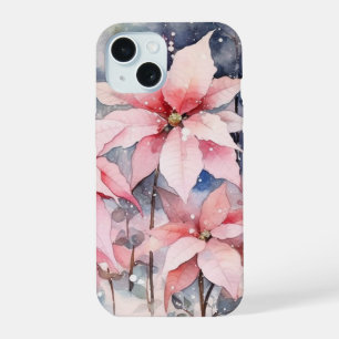 Watercolor Pink Snowy Poinsettia Flowers iPhone 15 Case