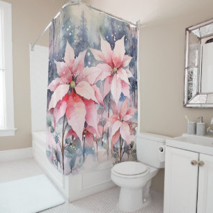 Watercolor Pink Snowy Poinsettia Flowers Shower Curtain