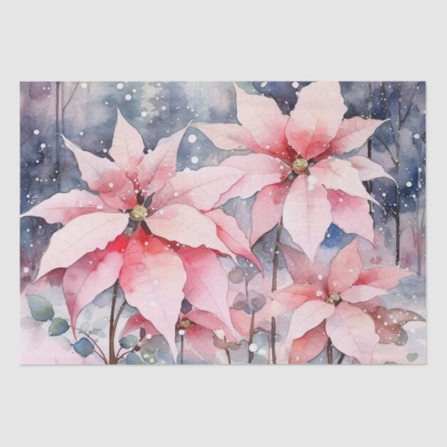 Watercolor Pink Snowy Poinsettia Flowers Tissue Paper (Front)