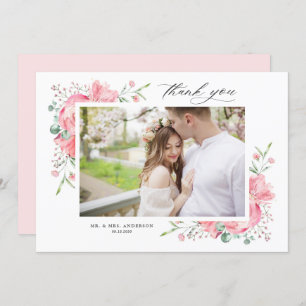 Watercolor Pink Spring Bouquet Wedding Photo Thank You Card