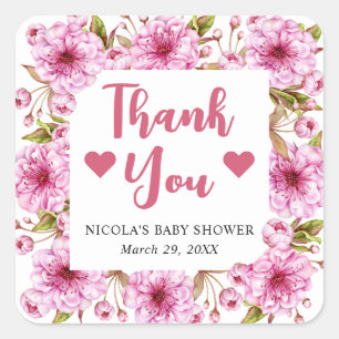 Watercolor Pink Spring Cherry Blossom Baby Shower Square Sticker