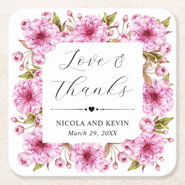 Watercolor Pink Spring Cherry Blossom Wedding Square Paper Coaster (Front)