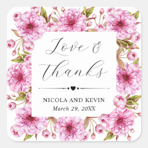 Watercolor Pink Spring Cherry Blossom Wedding Square Sticker
