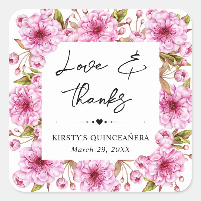 Watercolor Pink Spring Cherry Blossoms Quinceanera Square Sticker (Front)