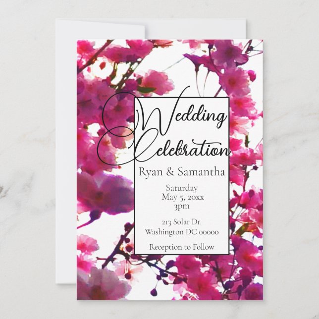 Watercolor pink spring floral flowering tree     invitation (Front)