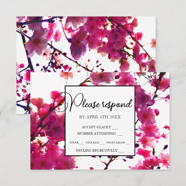 Watercolor pink spring floral flowering tree     RSVP card (Front/Back)
