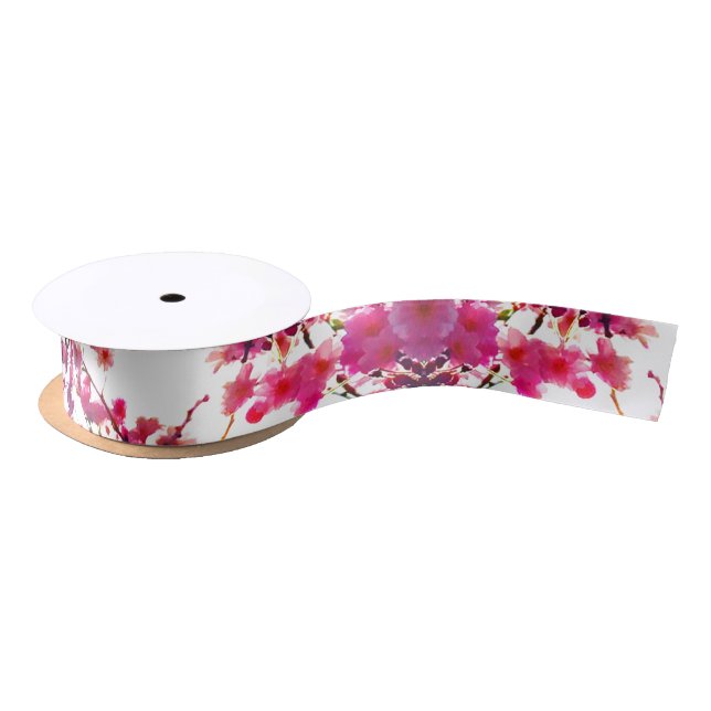 Watercolor pink spring floral | Flowering tree     Satin Ribbon (Spool)