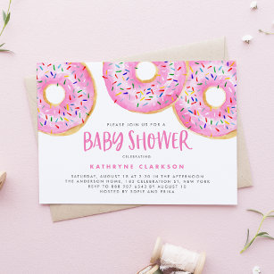 Watercolor Pink Sprinkle Doughnuts Baby Shower Invitation