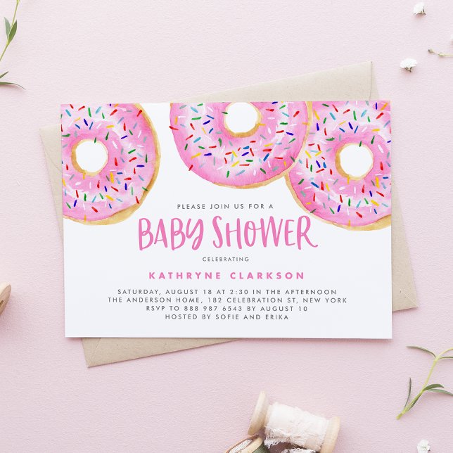 Watercolor Pink Sprinkle Doughnuts Baby Shower Invitation (Creator Uploaded)