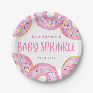 Watercolor Pink Sprinkle Doughnuts Baby Sprinkle Paper Plate