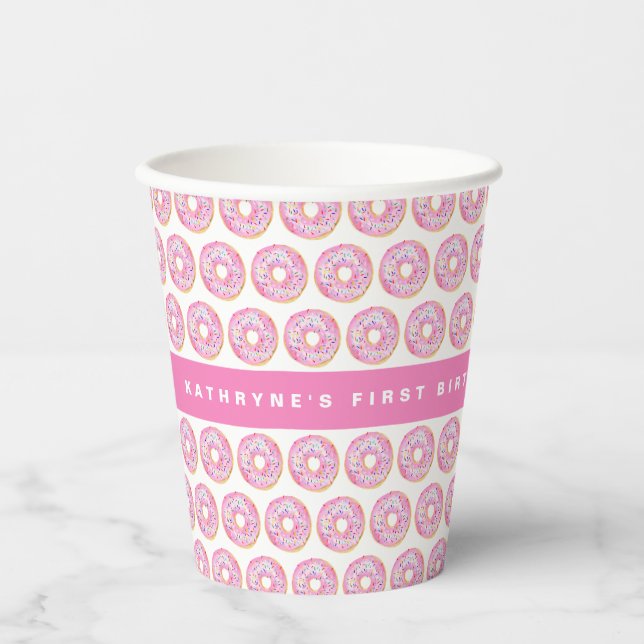 Watercolor Pink Sprinkle Doughnuts Pattern Birthda Paper Cups (Front)