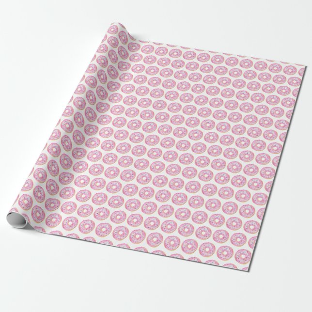 Watercolor Pink Sprinkle Doughnuts Pattern Wrapping Paper (Unrolled)