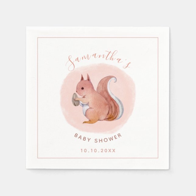 Watercolor Pink Squirrel Baby Shower Cute Animal  Napkin (Front)