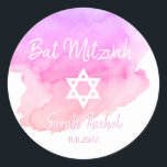 Watercolor Pink Star of David Bat Bar Mitzvah Classic Round Sticker<br><div class="desc">Add these gorgeous small round envelope sticker seals Jewish Bat Mitzvah to your invitations, envelopes, thank you cards or any other item such as thank you gifts or favours. Modern Trendy white script calligraphy letters design. Watercolor background in pink, violet, purple hues . You will surely impress everyone with these!...</div>