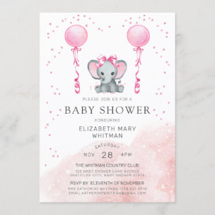 Watercolor Pink Stardust Elephant Baby Shower Invitation